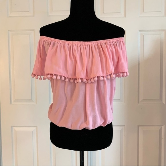 Forever 21 Bubblegum Pink Off Shoulder Pompom Top - Picture 2 of 5